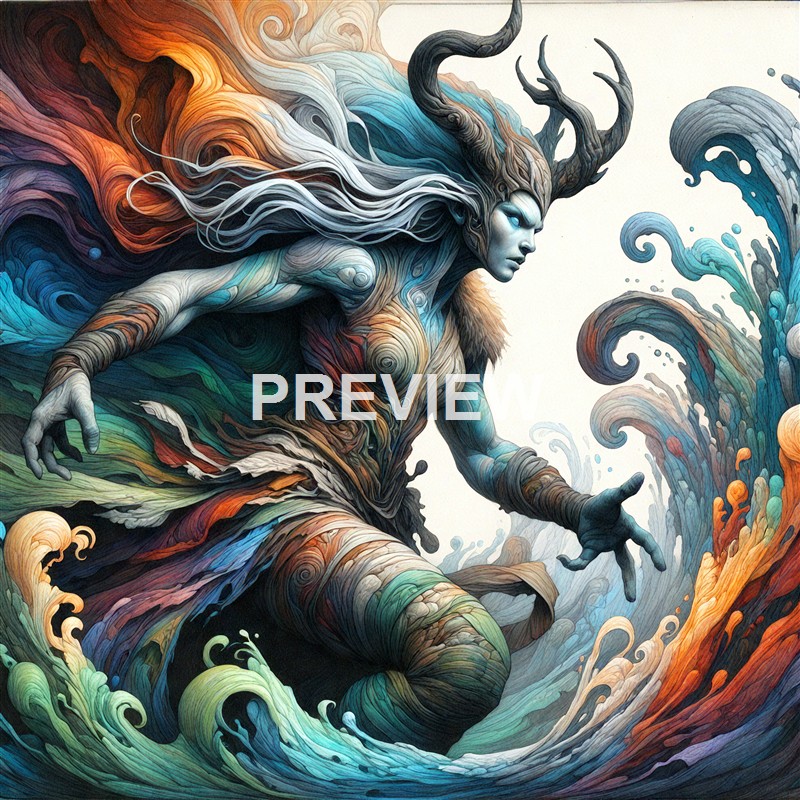 A fantastical, artistic depiction of a female figure with flowing hair and antler-like horns, surrounded by swirling waves and vibrant colors, blending elements of nature and mythology.